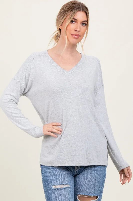 Classic Style Heather Grey Basic V-Neck Long Sleeve Brushed Knit Top