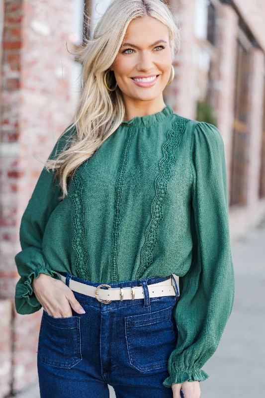 Fashionable And Versatile Wish You Were Here Emerald Green Crochet L/S Blouse
