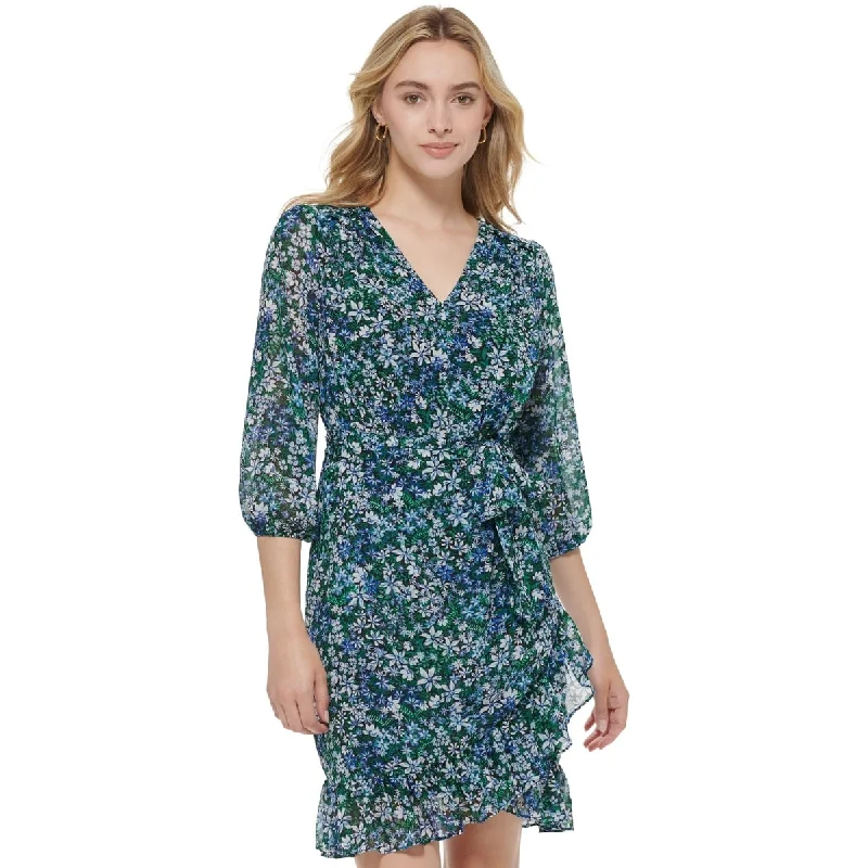 Sports Style Karl Lagerfeld Paris Women's Printed Tie Waist Ruffled Hem Dress Blue