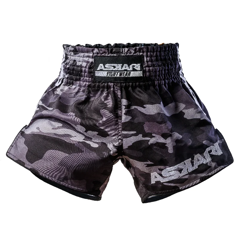 Mid-length Style "SOLDIER" ASKARI MUAY THAI SHORTS [BLACK CAMO]