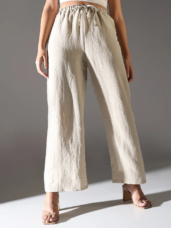 Luxury Customization Women Beige Solid Parallel Trousers