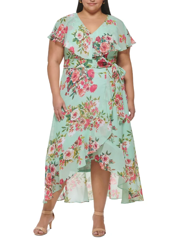 Body Design Women's Floral Printed Asymmetric MIDI Dress,Light Green