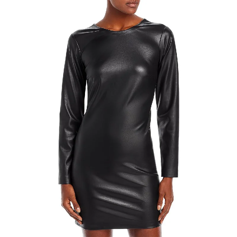 Elegant Design Aqua Womens Faux Leather Mini Cocktail and Party Dress