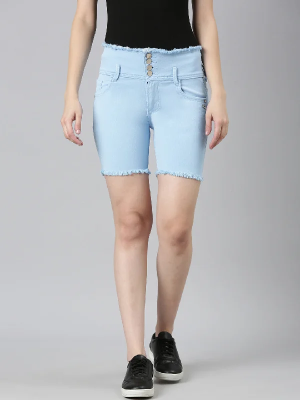 Noble Temperament Women Blue Solid Denim Shorts