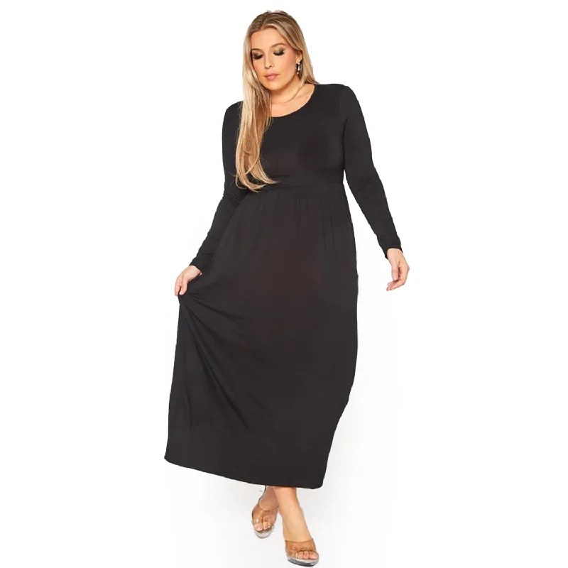 Warm Wear Plus Size Women's Basic Long Sleeve Fit & Flare Maxi Dress