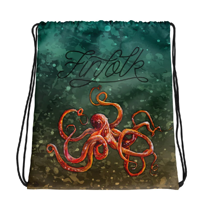 Round neck design Curious Kraken Drawstring Bag