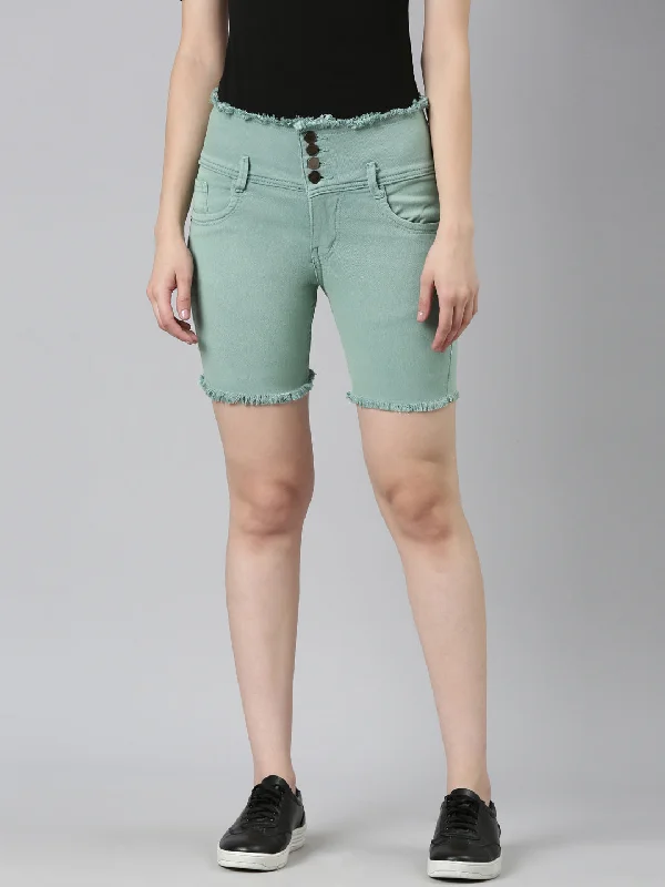 Round neck design Women Sea Green Solid Denim Shorts