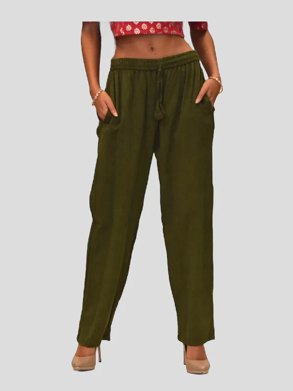 Bright Colors Unisex Cotton Army Green Straight  pants