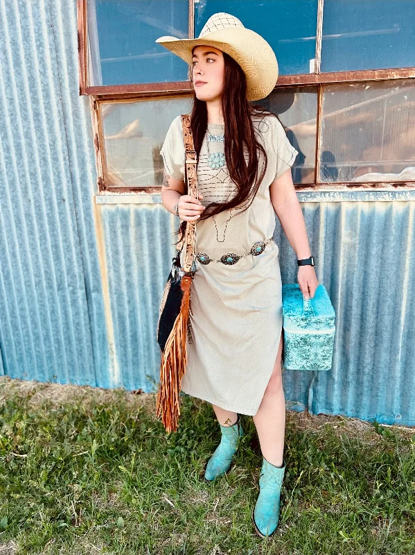 High Street Design Boot Stitch T-shirt Slit to the Hip Tan Dress
