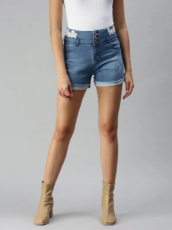 Sports And Leisure Women's Blue Solid Denim Shorts