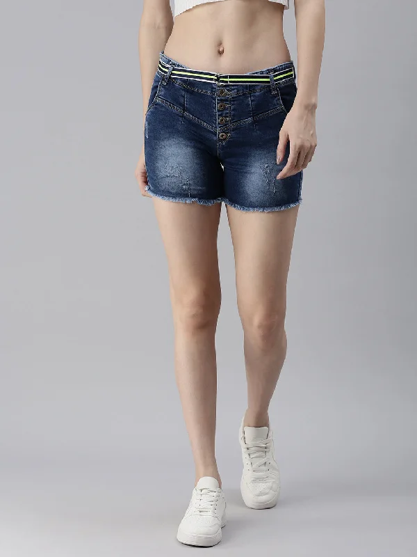 Celebrity Style Women's Blue Solid Denim Shorts