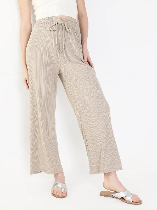 Playful Style Women Solid Beige Trouser