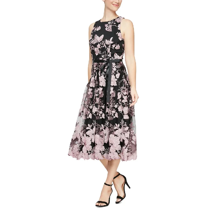 Stand-up collar design Alex Evenings Womens Mesh Mid Calf Cocktail And Party Dress