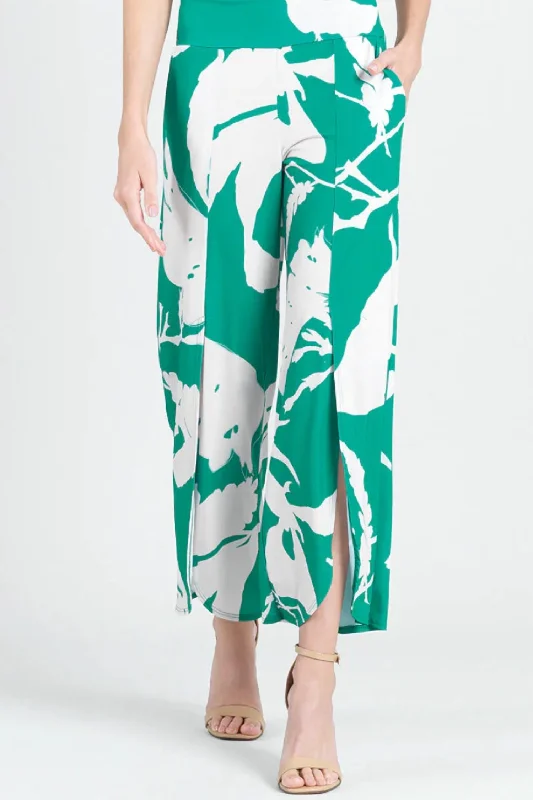 Chic Relaxation Front Slit Ankle Petal Pant In Green/ivory