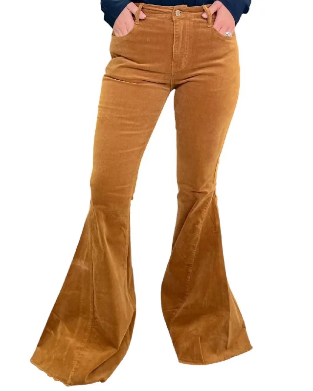 Versatile Wear Boho Lightweight Corduroy Bellbottom Pants In Camel