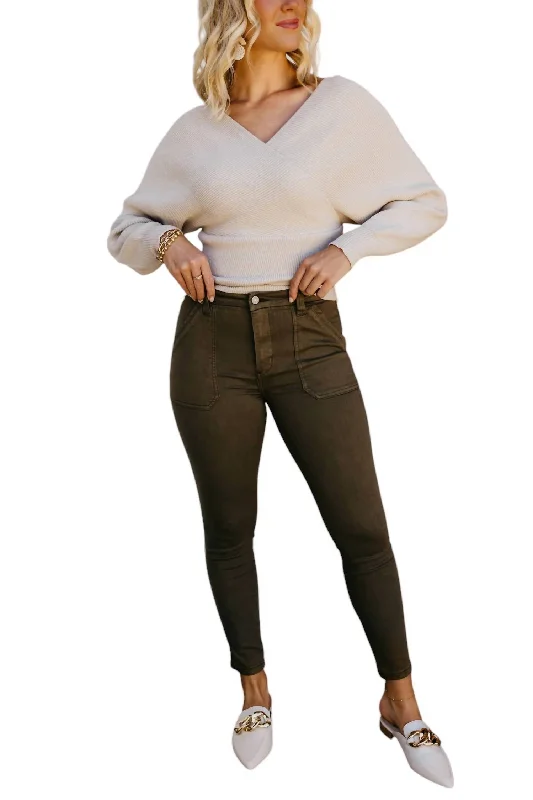 Effortless Style High Rise Utility Ankle Skinny Jeans In Olive