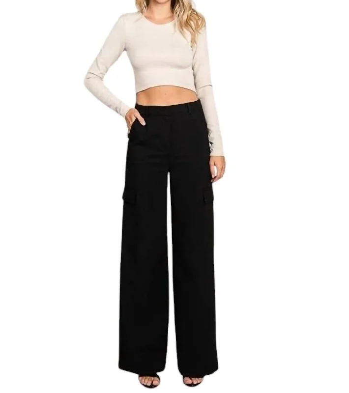 All-Day Comfort Twill Wide Leg Flap Pocket Pants In Black