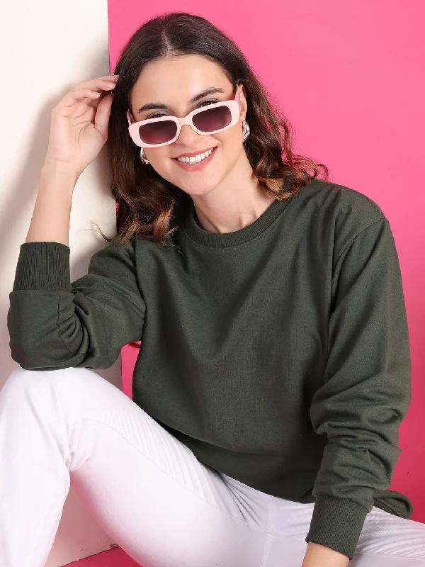 Retro Stripes VimaL Jonney Regular Fit Green Solid Sweatshirt For Women