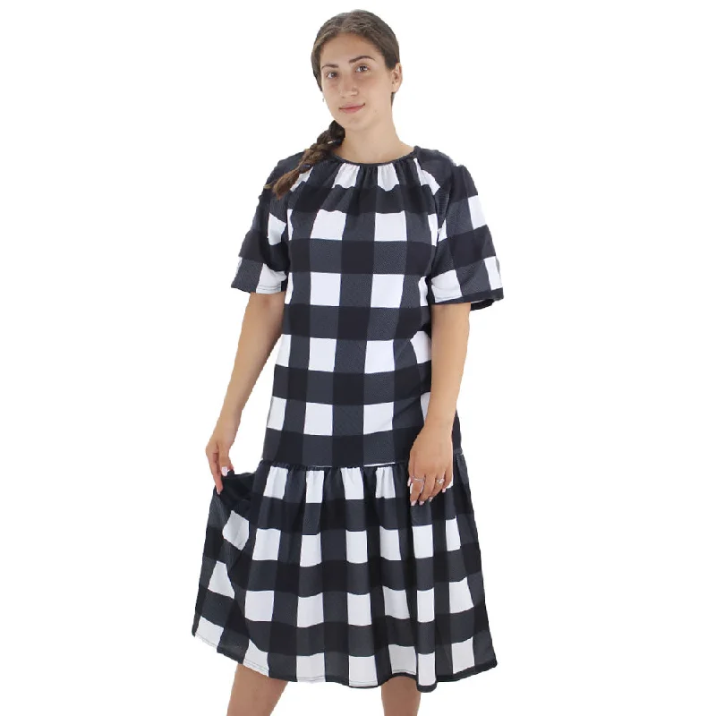 Easygoing Style Women's Plaid Ruffle Hem Oversized Dress,White/Black