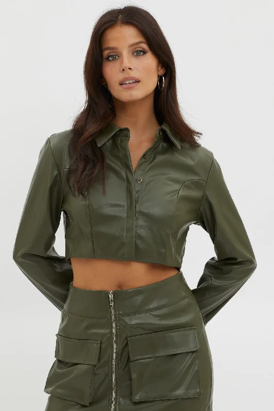 Retro Literary Style Fallen Angel Faux Leather Crop Top Olive