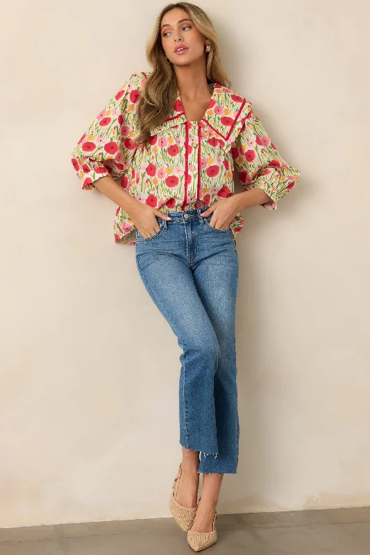 High-end Fabrics Morning Delight Cotton Red Button Front Blouse