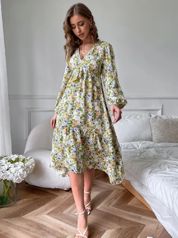 Urban Style All Over Print Ruffle Hem Long Sleeve Deep V Neck Flounce High Waist Long Dress