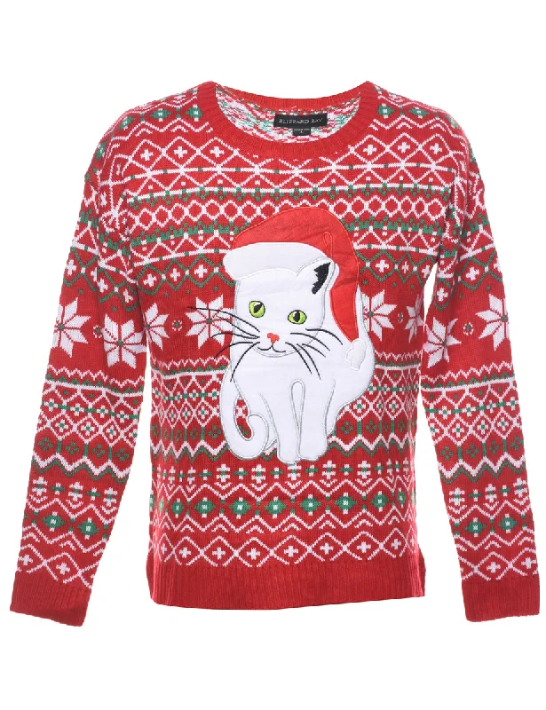 Sports Casual Style Cat Printed Christmas Jumper - L